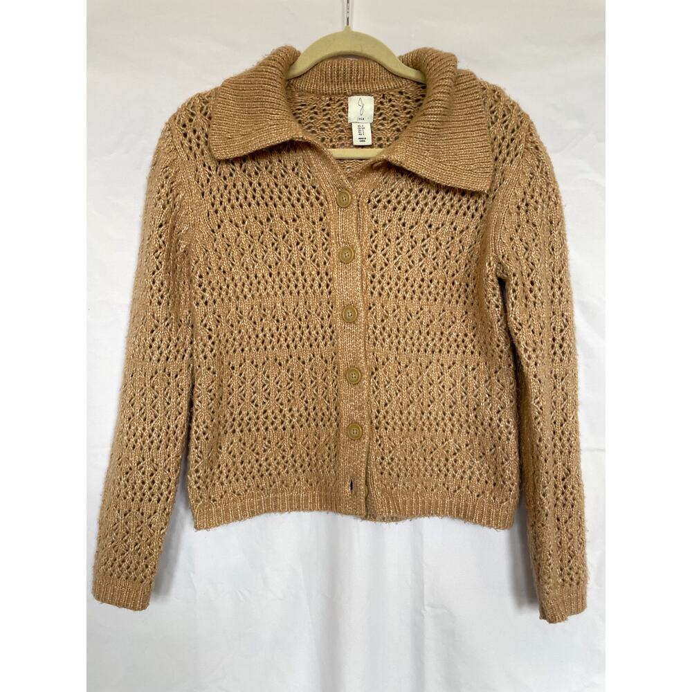 Joie Open Knit Soft Collared Cozy Cardigan, Camel Tan, Small